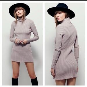 Free People Beach Ribbed Turtleneck Long-Sleeve Mini Dress Dusty Mauve Medium